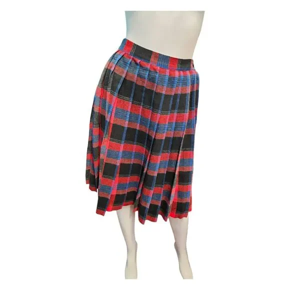 Vintage Red Wool Pleated Skirt XS 23 Plaid - Picture 1 of 8